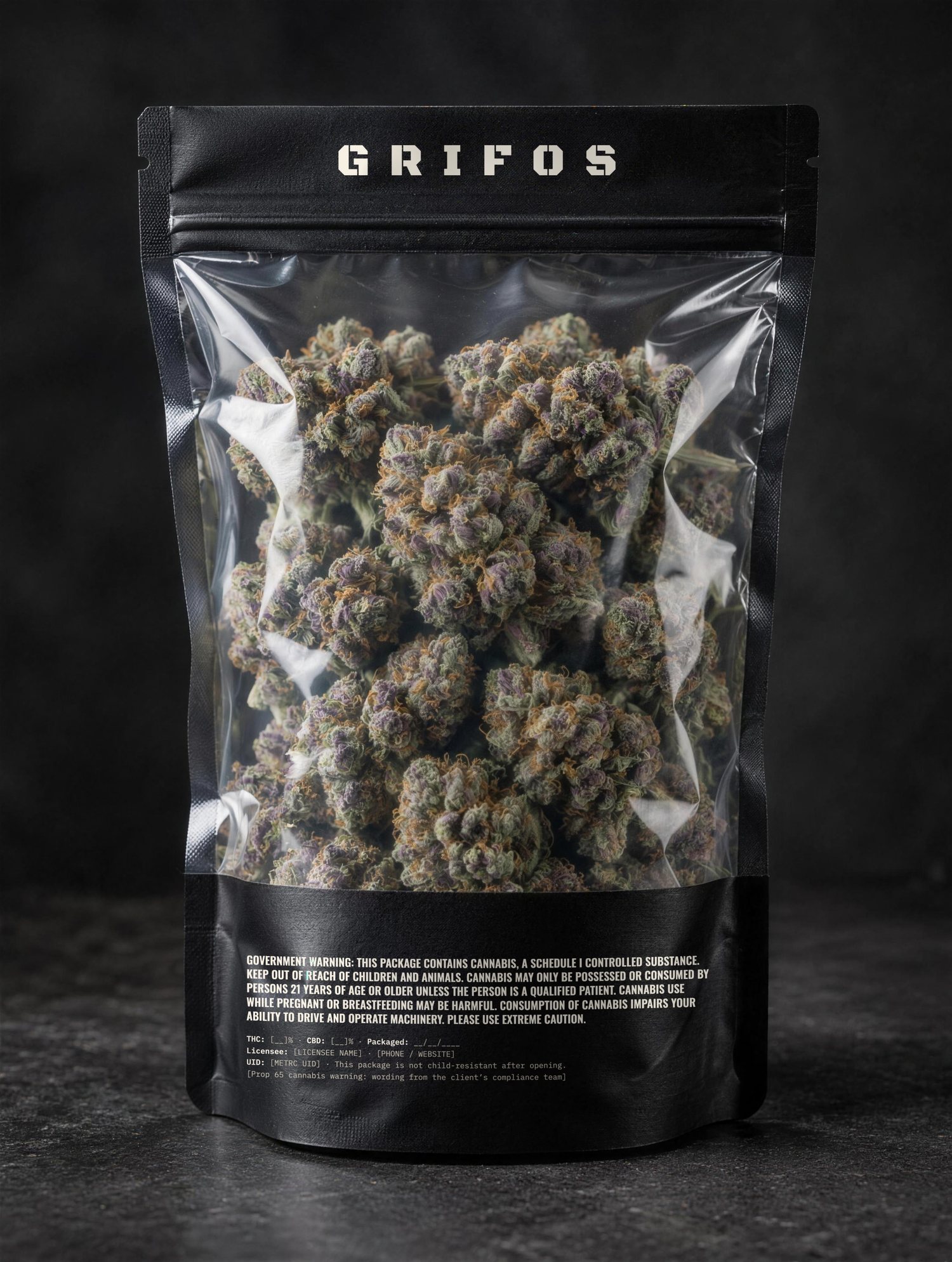 Back of the bag, clear window full of flower