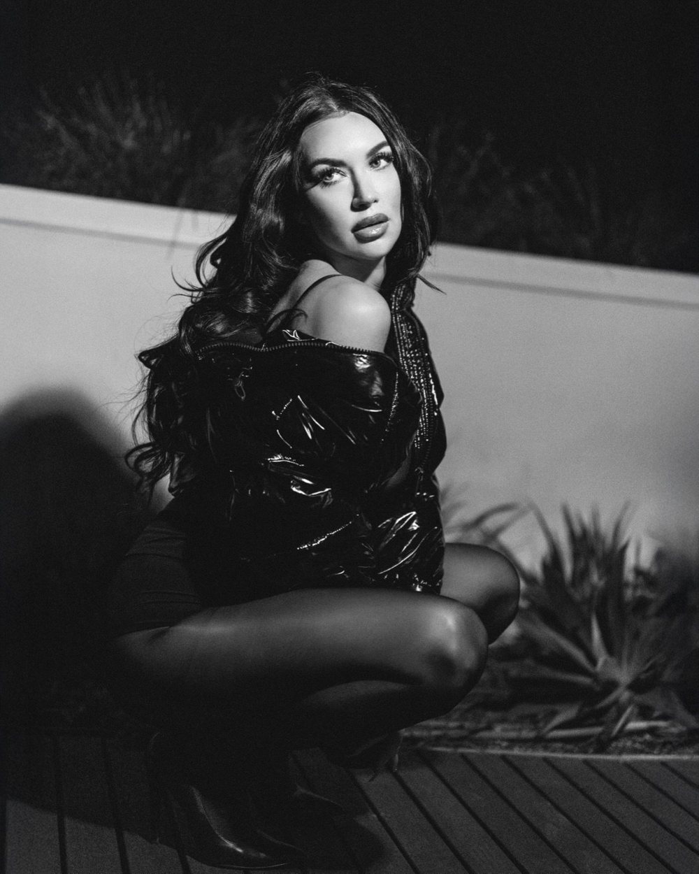 Polina in black and white at night